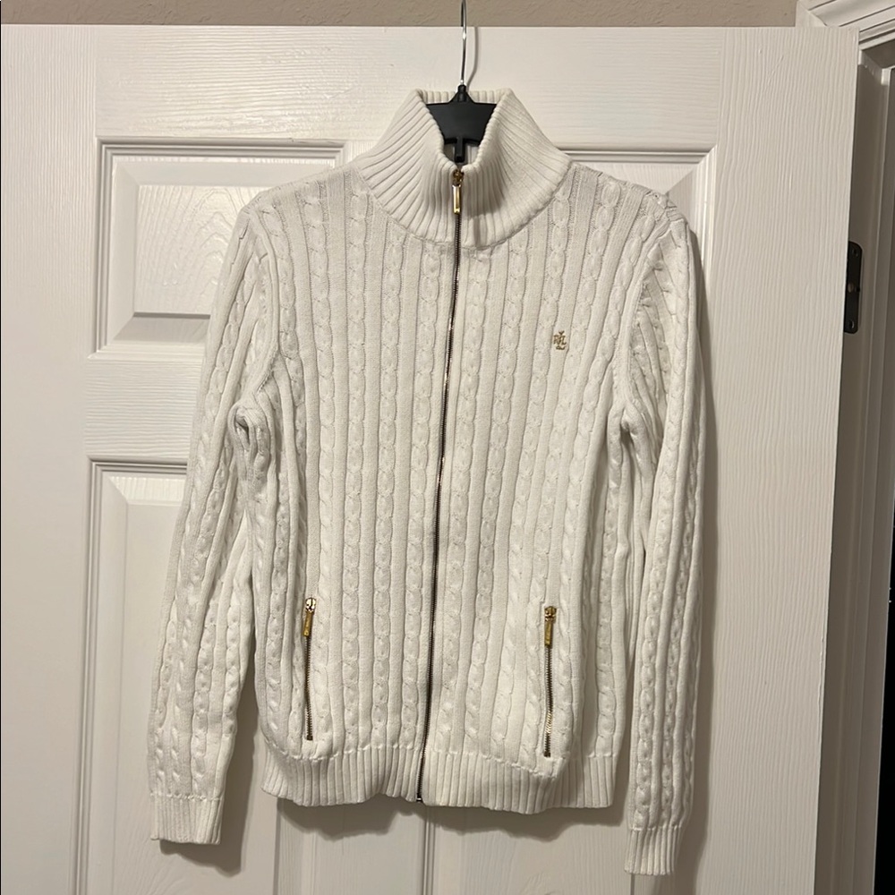 White Cable Knit Zip-Up Sweater